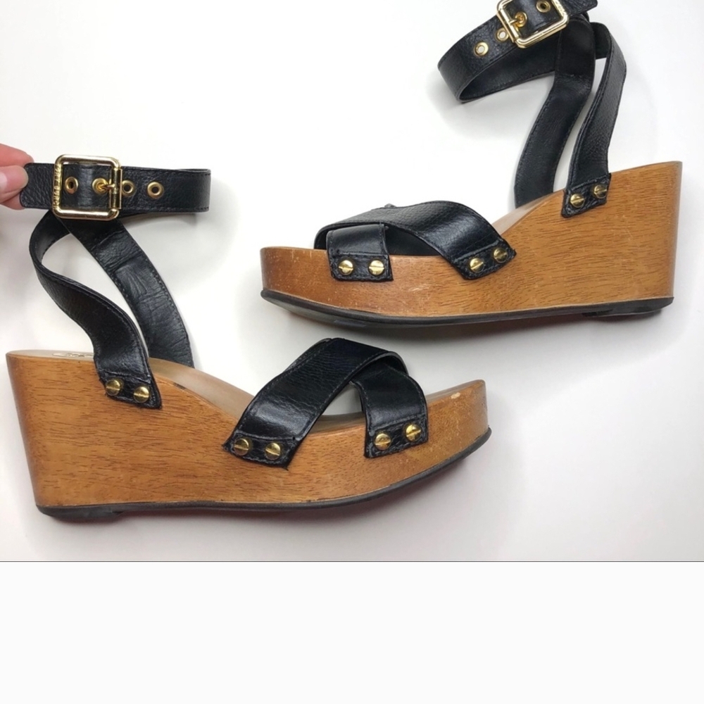 Tory Burch Black Leather Wood Platform Sandles 10.5 Medium